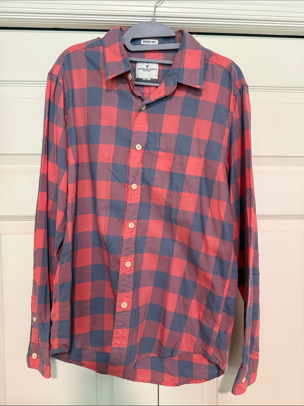 American Eagle Outfitters Men’s Coral and Navy Buffalo Check Button-Down Shirt